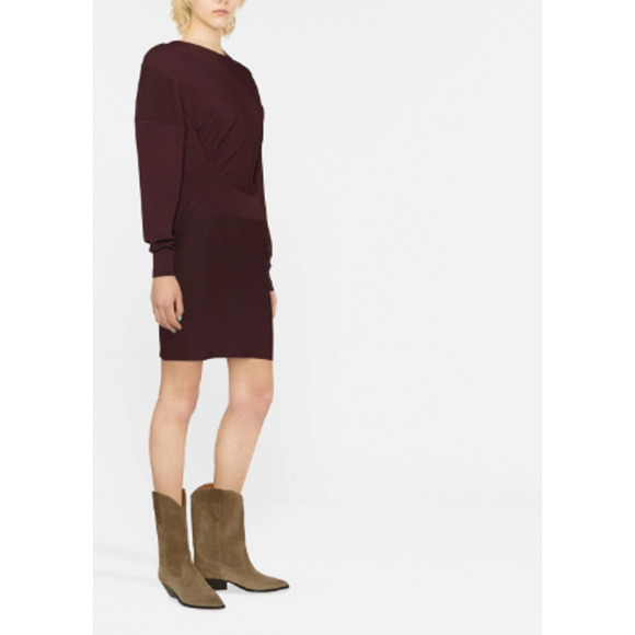 NEW Ganni Mini Sweater Dress Women's Size Small Maroon Ribbed Knit Long Sleeve - Picture 5 of 7